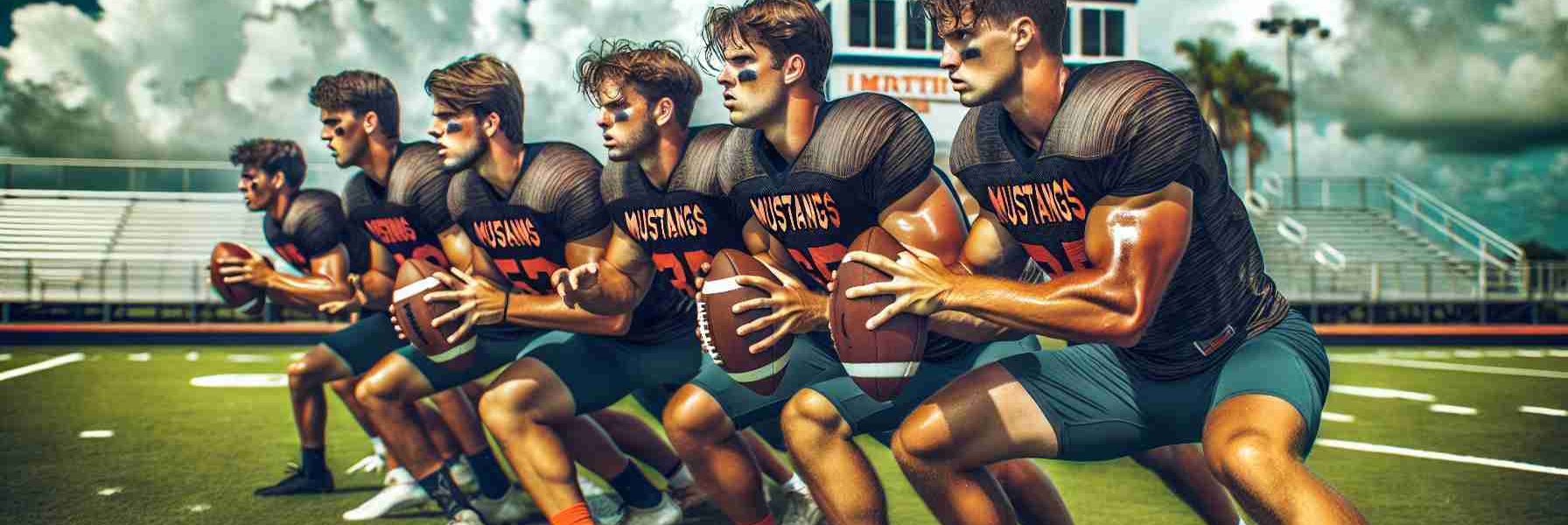 A vivid and high-definition image of a football team known as 'The Mustangs' from an imaginary island, Merritt Island, preparing with intense concentration and determination for their upcoming Homecoming showdown. They are seen practicing incessantly in their traditional team colors on a well-maintained athletic playing field.