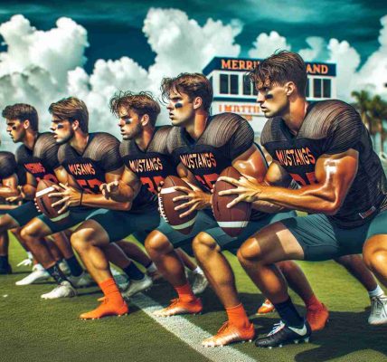 A vivid and high-definition image of a football team known as 'The Mustangs' from an imaginary island, Merritt Island, preparing with intense concentration and determination for their upcoming Homecoming showdown. They are seen practicing incessantly in their traditional team colors on a well-maintained athletic playing field.