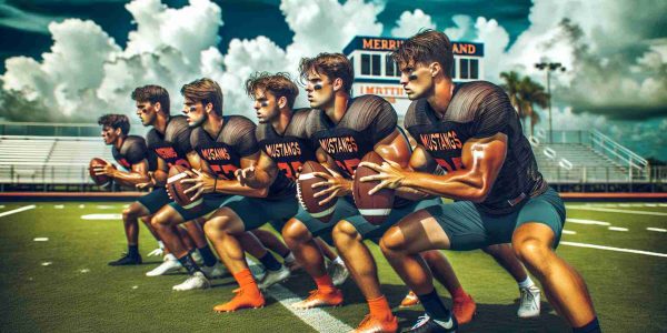 A vivid and high-definition image of a football team known as 'The Mustangs' from an imaginary island, Merritt Island, preparing with intense concentration and determination for their upcoming Homecoming showdown. They are seen practicing incessantly in their traditional team colors on a well-maintained athletic playing field.