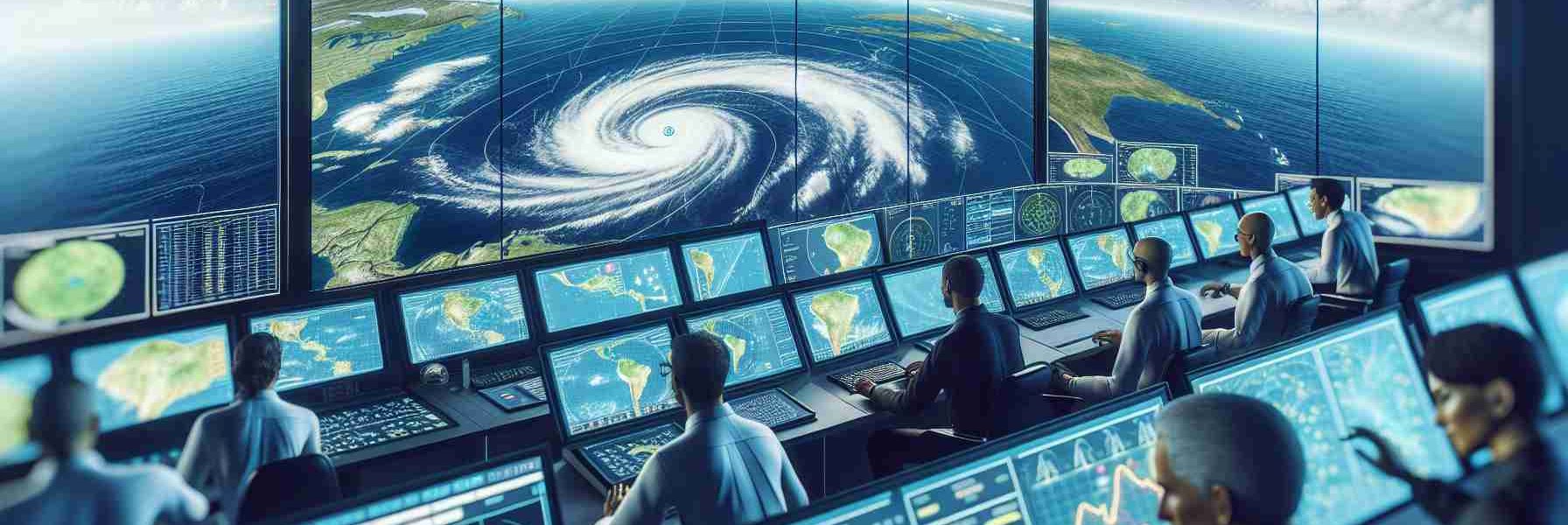 A realistic high definition image capturing the activity of monitoring tropical weather patterns across the Atlantic Ocean. Discernible are comprehensive technology like radar consoles, digital maps and data charts, all displaying dynamic weather changes. Meteorologists of various descents and genders are analyzing data and adjusting tracking tools. There's a sense of dedication and focus in the air, symbolizing the critical work being done.