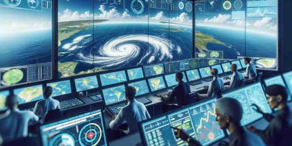 A realistic high definition image capturing the activity of monitoring tropical weather patterns across the Atlantic Ocean. Discernible are comprehensive technology like radar consoles, digital maps and data charts, all displaying dynamic weather changes. Meteorologists of various descents and genders are analyzing data and adjusting tracking tools. There's a sense of dedication and focus in the air, symbolizing the critical work being done.