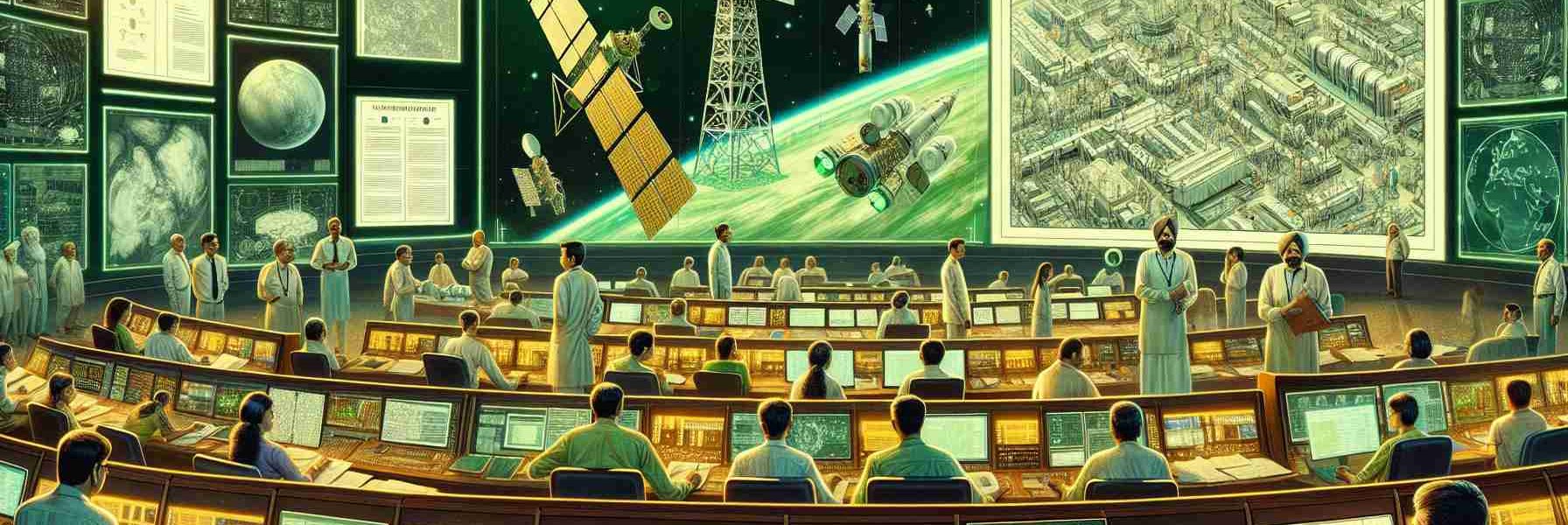 High-definition photo illustrating the green signal for India's new space surveillance initiative. The scene includes intricate depictions of official documents and approvals, cutting-edge satellite technology, and command stations filled with diligent teams of diverse professionals. The depiction incorporates South-Asian men and women in various roles, from engineers in the control room bristling with monitors projecting complex telemetry data, to scientists working meticulously on new satellite designs.