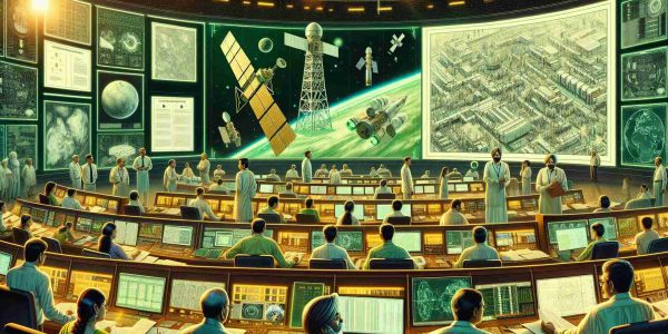 High-definition photo illustrating the green signal for India's new space surveillance initiative. The scene includes intricate depictions of official documents and approvals, cutting-edge satellite technology, and command stations filled with diligent teams of diverse professionals. The depiction incorporates South-Asian men and women in various roles, from engineers in the control room bristling with monitors projecting complex telemetry data, to scientists working meticulously on new satellite designs.