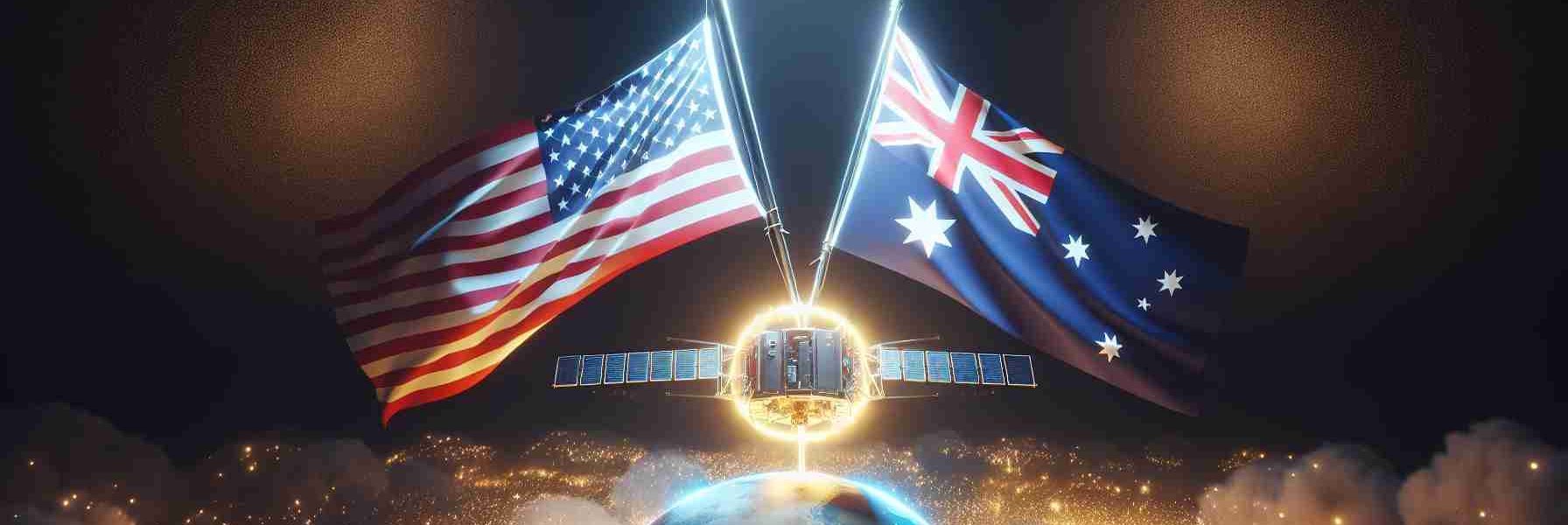 High-definition, realistic image of a symbolic representation of the United States lowering barriers in satellite technology exports to Australia. The scene should have a satellite, with the flags of the United States and Australia displayed prominently. The satellite could be encased in a glowing orb, representing the eased export regulations, and placed between the two flags, illustrating the peaceful transfer of technology.