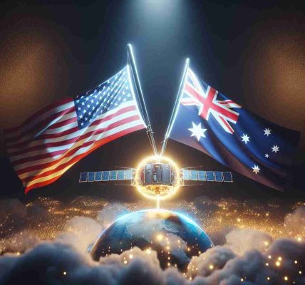 High-definition, realistic image of a symbolic representation of the United States lowering barriers in satellite technology exports to Australia. The scene should have a satellite, with the flags of the United States and Australia displayed prominently. The satellite could be encased in a glowing orb, representing the eased export regulations, and placed between the two flags, illustrating the peaceful transfer of technology.