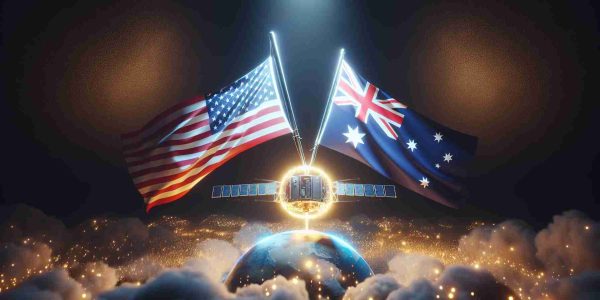 High-definition, realistic image of a symbolic representation of the United States lowering barriers in satellite technology exports to Australia. The scene should have a satellite, with the flags of the United States and Australia displayed prominently. The satellite could be encased in a glowing orb, representing the eased export regulations, and placed between the two flags, illustrating the peaceful transfer of technology.