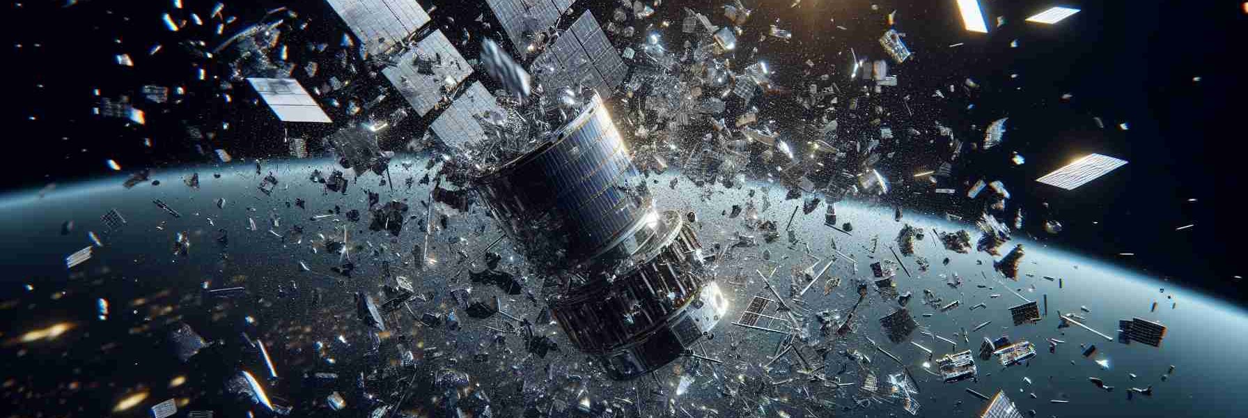 Depict a highly realistic and high-definition scene in space where a satellite is breaking up into numerous pieces. The scene illustrates a palpable concern over the increasing problem of space debris. Various fragments of the satellite are scattering in multiple directions, reflecting off the sun's rays, adding to the semblance of a dangerous cloud of objects orbiting the Earth.