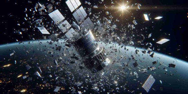 Depict a highly realistic and high-definition scene in space where a satellite is breaking up into numerous pieces. The scene illustrates a palpable concern over the increasing problem of space debris. Various fragments of the satellite are scattering in multiple directions, reflecting off the sun's rays, adding to the semblance of a dangerous cloud of objects orbiting the Earth.