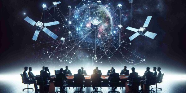 Realistic high-definition image of a governmental committee examining a fictional organization's funding decision for a hypothetical satellite-based internet service, represented as an array of connected cubesats in the night sky, overlaid with stylized diagrams showing funding flow and policy details.