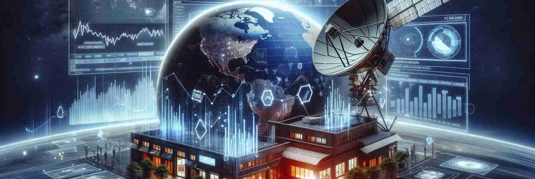 A high definition, realistic image representing the concept of strategic trading insights for a satellite communications company. The scene could include detailed graphs and analysis reports, stock market trends, and satellite technology, all indicating strategic trading moves and decisions. Please include digital interface elements to symbolize the digital communication services provided by the company.