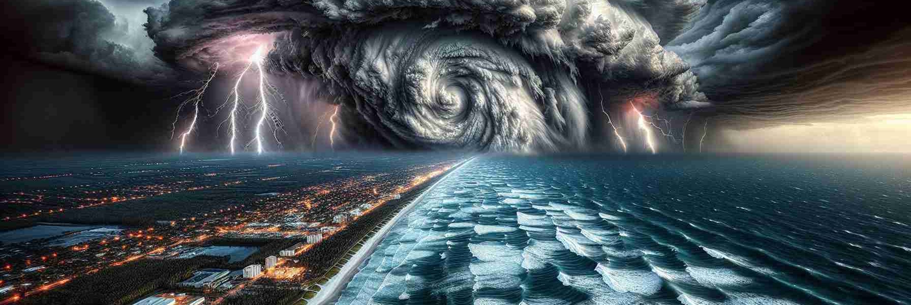 A high-definition photograph depicting the spectacle of Hurricane Milton as it looms ominously over the west coast of Florida. The skies are groaning under the burden of menacing storm clouds, the turbulent ocean below roiling with the pressure of swirling winds. Sickles of lightning tear through the heavens while torrents of rain are visible from a distance. The coastline features towns huddled along it, against this impending natural force, their lights glimmering weakly. This picture captures the implacable majesty and terrifying force of nature in its full violence.