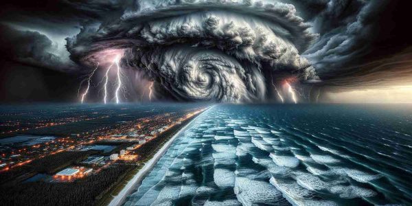 A high-definition photograph depicting the spectacle of Hurricane Milton as it looms ominously over the west coast of Florida. The skies are groaning under the burden of menacing storm clouds, the turbulent ocean below roiling with the pressure of swirling winds. Sickles of lightning tear through the heavens while torrents of rain are visible from a distance. The coastline features towns huddled along it, against this impending natural force, their lights glimmering weakly. This picture captures the implacable majesty and terrifying force of nature in its full violence.