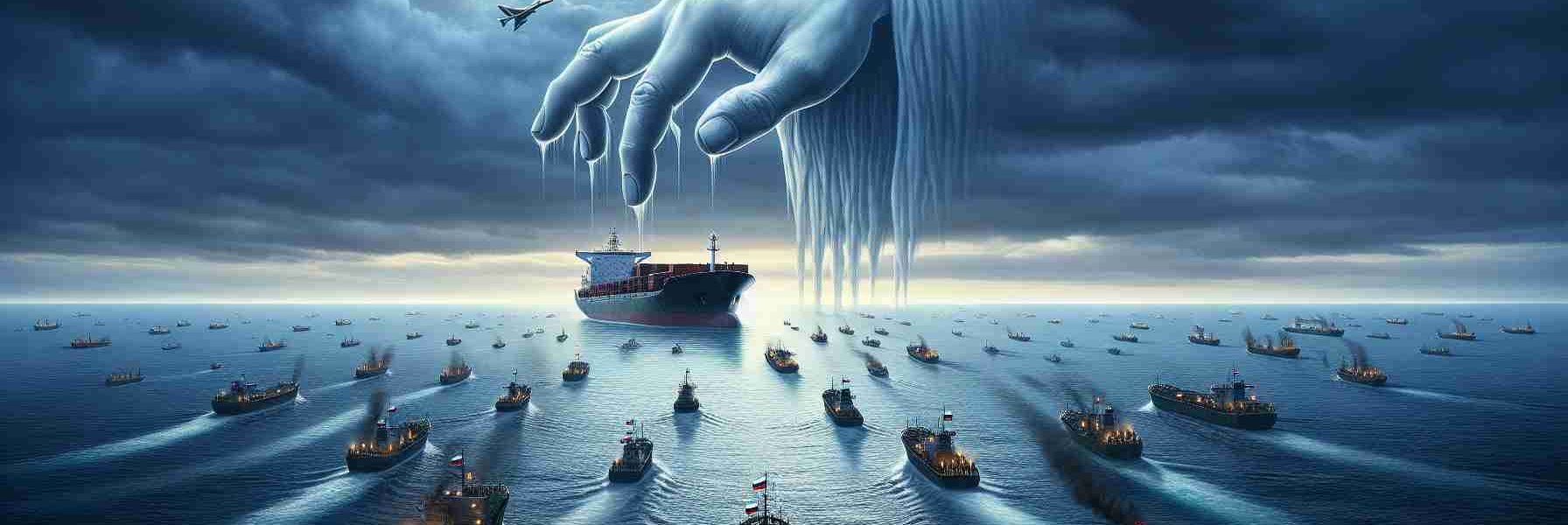 A high-definition, realistic illustration demonstrating a metaphorical representation of Russian support for Houthi attacks on maritime trade. This can be envisioned as a vast, turbulent ocean scene under a cloudy sky with a large ghost-like hand (symbolizing Russian support) rising out of the waters, guiding small, shadowy ship-like figures (representing the Houthis) towards vulnerable trade shipping vessels. The trading vessels should appear alarmed, perhaps sending up flares or distress signals. Please avoid direct references to any specific politicians, countries flags or military symbols.