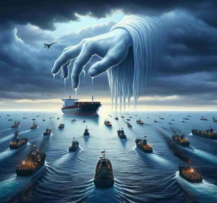 A high-definition, realistic illustration demonstrating a metaphorical representation of Russian support for Houthi attacks on maritime trade. This can be envisioned as a vast, turbulent ocean scene under a cloudy sky with a large ghost-like hand (symbolizing Russian support) rising out of the waters, guiding small, shadowy ship-like figures (representing the Houthis) towards vulnerable trade shipping vessels. The trading vessels should appear alarmed, perhaps sending up flares or distress signals. Please avoid direct references to any specific politicians, countries flags or military symbols.