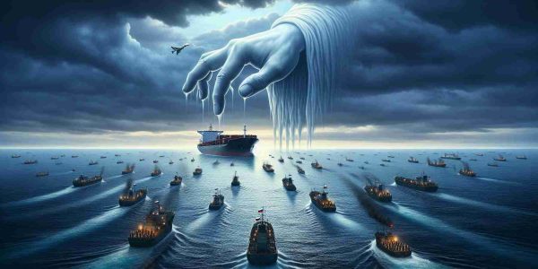 A high-definition, realistic illustration demonstrating a metaphorical representation of Russian support for Houthi attacks on maritime trade. This can be envisioned as a vast, turbulent ocean scene under a cloudy sky with a large ghost-like hand (symbolizing Russian support) rising out of the waters, guiding small, shadowy ship-like figures (representing the Houthis) towards vulnerable trade shipping vessels. The trading vessels should appear alarmed, perhaps sending up flares or distress signals. Please avoid direct references to any specific politicians, countries flags or military symbols.