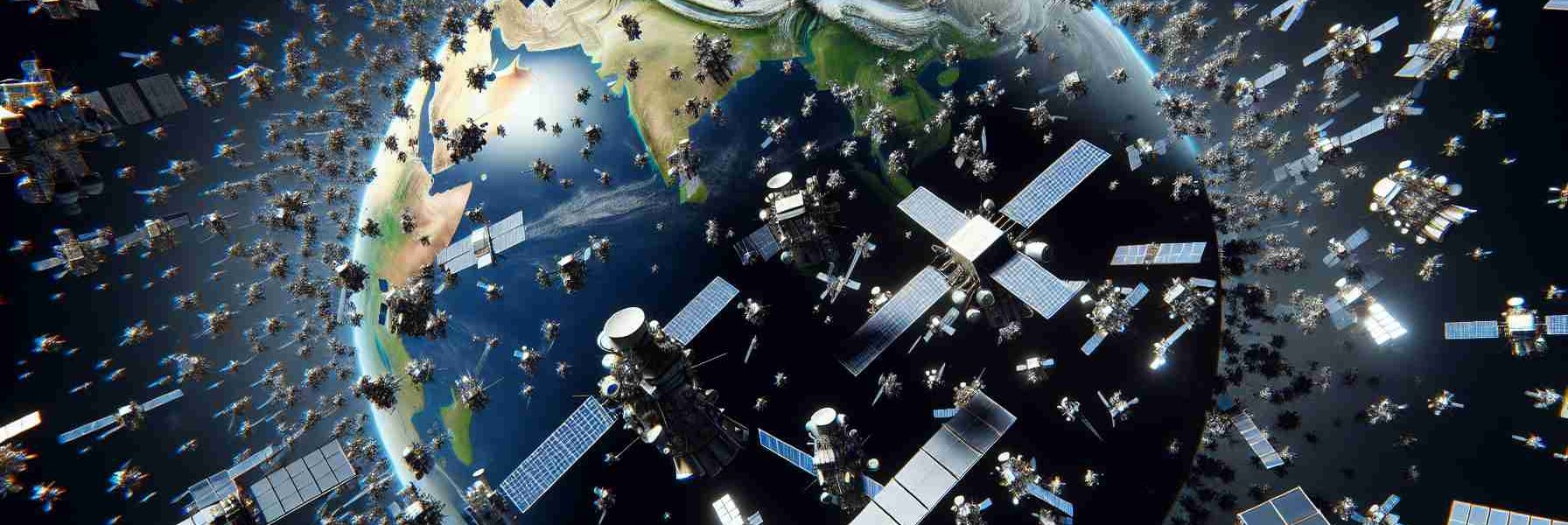 A high-definition image of satellites in Earth's orbit, illustrating rising concerns over congestion. The scene should depict an exaggerated number of satellites cluttering the space around Earth, possibly near the point of colliding. The satellites should vary in shapes and sizes, symbolizing different countries and companies. The planet Earth along with its thin atmosphere in the background, provides a natural context.