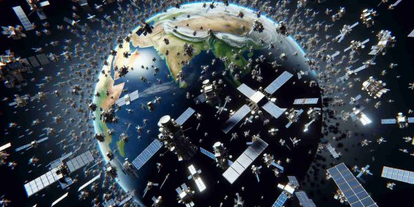 A high-definition image of satellites in Earth's orbit, illustrating rising concerns over congestion. The scene should depict an exaggerated number of satellites cluttering the space around Earth, possibly near the point of colliding. The satellites should vary in shapes and sizes, symbolizing different countries and companies. The planet Earth along with its thin atmosphere in the background, provides a natural context.