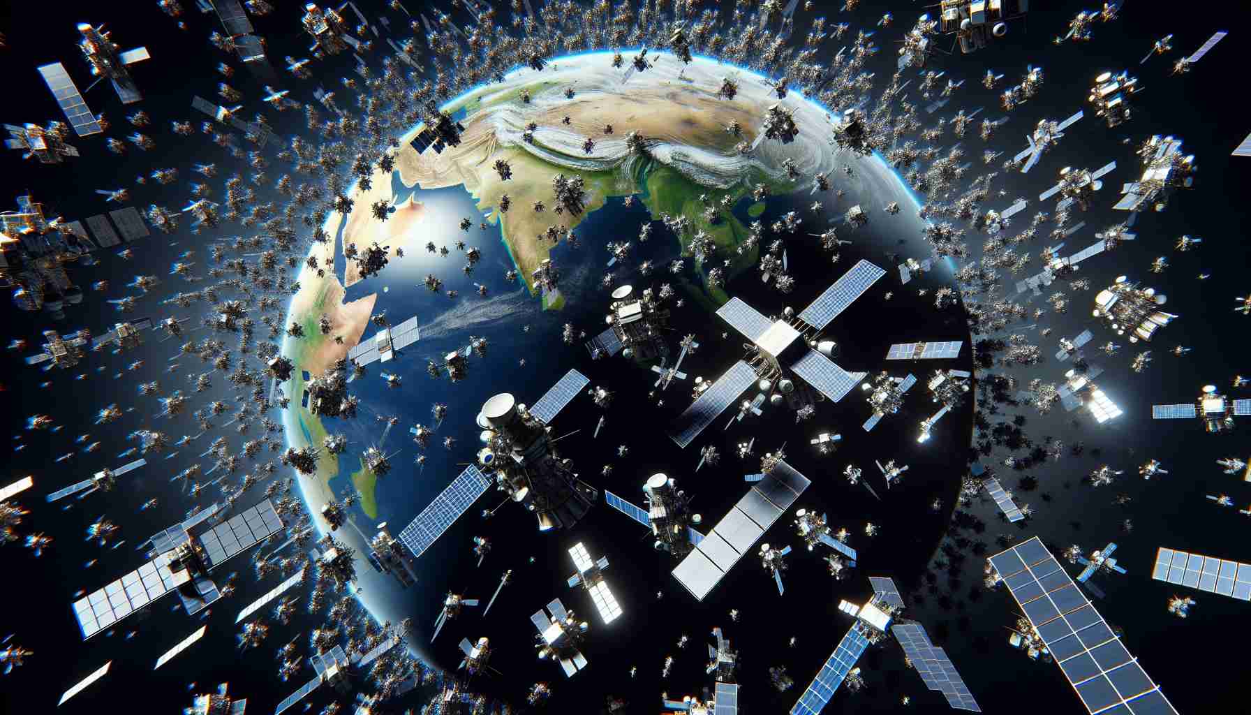 A high-definition image of satellites in Earth's orbit, illustrating rising concerns over congestion. The scene should depict an exaggerated number of satellites cluttering the space around Earth, possibly near the point of colliding. The satellites should vary in shapes and sizes, symbolizing different countries and companies. The planet Earth along with its thin atmosphere in the background, provides a natural context.