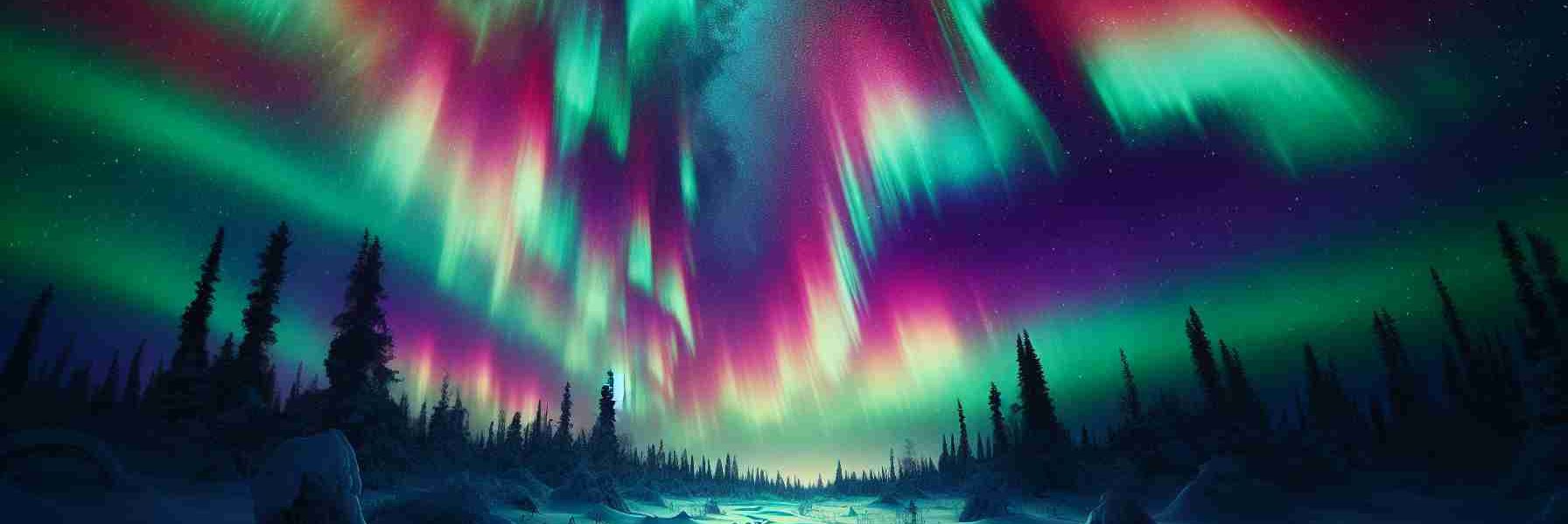 High definition, realistic depiction of an adventurous scene under the glowing Northern Lights predicted to illuminate US skies this weekend. Picture the lively colors of the display: greens, pinks and purples distorting in the sky above, undulating like some celestial sea. Perhaps there's a silhouette of dense untouched forest in the foreground, with a single snowy path winding through it, inviting exploration. The backdrop dominated by a starry winter sky, the Milky Way faintly visible through the kaleidoscopic light display. The scene encapsulating the awe and wonder inspired by these natural phenomena.