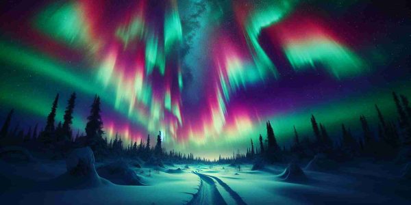 High definition, realistic depiction of an adventurous scene under the glowing Northern Lights predicted to illuminate US skies this weekend. Picture the lively colors of the display: greens, pinks and purples distorting in the sky above, undulating like some celestial sea. Perhaps there's a silhouette of dense untouched forest in the foreground, with a single snowy path winding through it, inviting exploration. The backdrop dominated by a starry winter sky, the Milky Way faintly visible through the kaleidoscopic light display. The scene encapsulating the awe and wonder inspired by these natural phenomena.