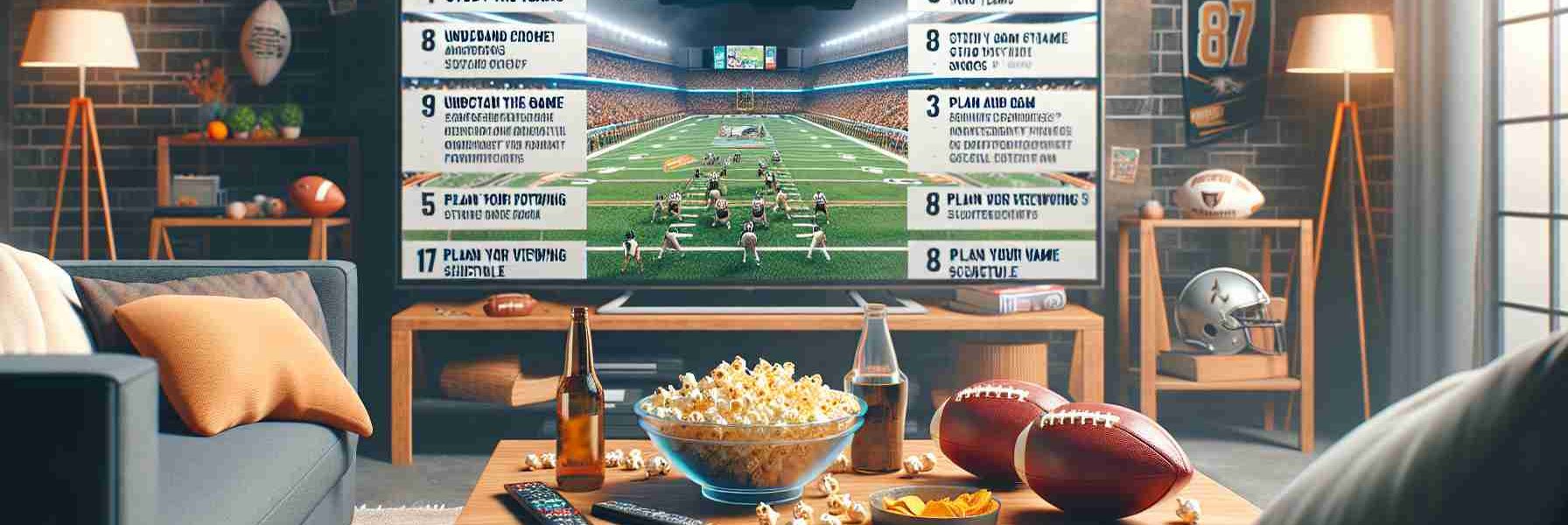 A realistic high-definition image showcasing a guide for watching college football this weekend. The image contains a large flat-screen television displaying an exciting college football game in progress. There are various snacks such as popcorn and nachos on a coffee table. Detailed text overlay on the image provides key points on enjoying the game, such as 'study the teams', 'understand game strategies', and 'plan your viewing schedule'. All of this is set in a cozy living room environment, with football-related memorabilia decorating the space to set the perfect mood for the game.