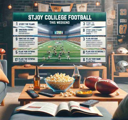 A realistic high-definition image showcasing a guide for watching college football this weekend. The image contains a large flat-screen television displaying an exciting college football game in progress. There are various snacks such as popcorn and nachos on a coffee table. Detailed text overlay on the image provides key points on enjoying the game, such as 'study the teams', 'understand game strategies', and 'plan your viewing schedule'. All of this is set in a cozy living room environment, with football-related memorabilia decorating the space to set the perfect mood for the game.