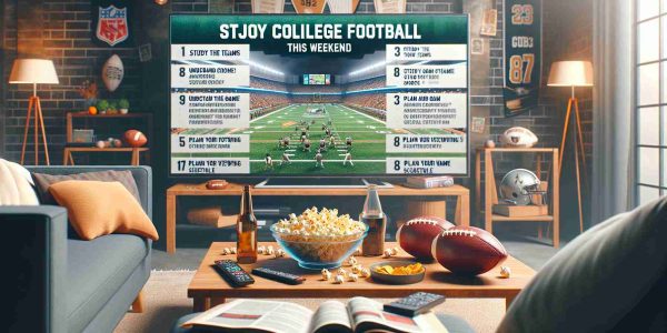 A realistic high-definition image showcasing a guide for watching college football this weekend. The image contains a large flat-screen television displaying an exciting college football game in progress. There are various snacks such as popcorn and nachos on a coffee table. Detailed text overlay on the image provides key points on enjoying the game, such as 'study the teams', 'understand game strategies', and 'plan your viewing schedule'. All of this is set in a cozy living room environment, with football-related memorabilia decorating the space to set the perfect mood for the game.