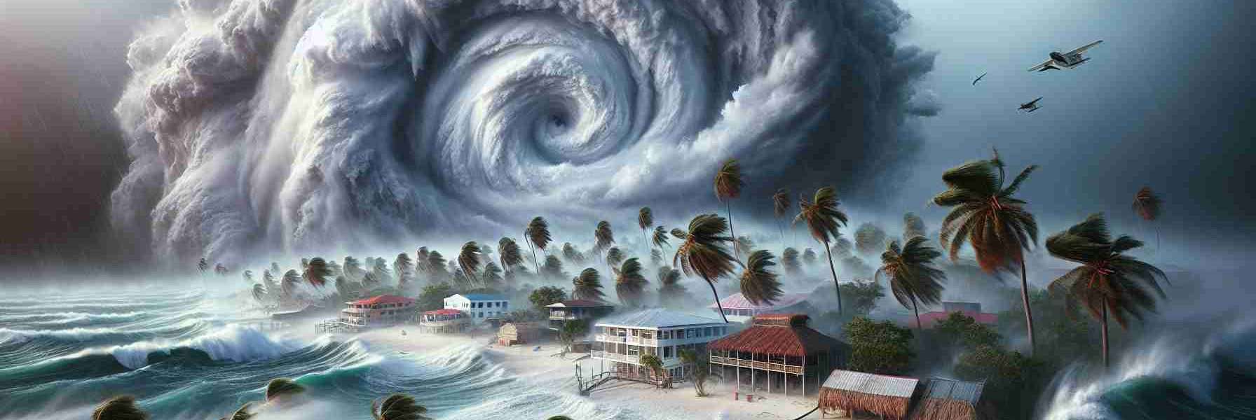 Create a highly detailed and realistic image of a Tropical Storm Nadine hitting Belize, with torrential rain and ominous, swirling storm clouds filling the sky. Visualize furious waves pounding the coast and palm trees, bending in the intense winds. Also include local architectural features distinctive for Belize.