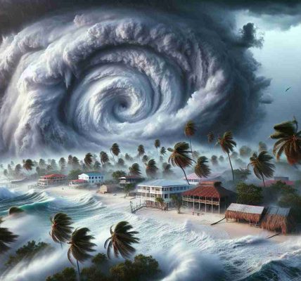 Create a highly detailed and realistic image of a Tropical Storm Nadine hitting Belize, with torrential rain and ominous, swirling storm clouds filling the sky. Visualize furious waves pounding the coast and palm trees, bending in the intense winds. Also include local architectural features distinctive for Belize.