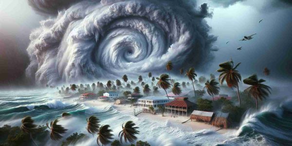 Create a highly detailed and realistic image of a Tropical Storm Nadine hitting Belize, with torrential rain and ominous, swirling storm clouds filling the sky. Visualize furious waves pounding the coast and palm trees, bending in the intense winds. Also include local architectural features distinctive for Belize.