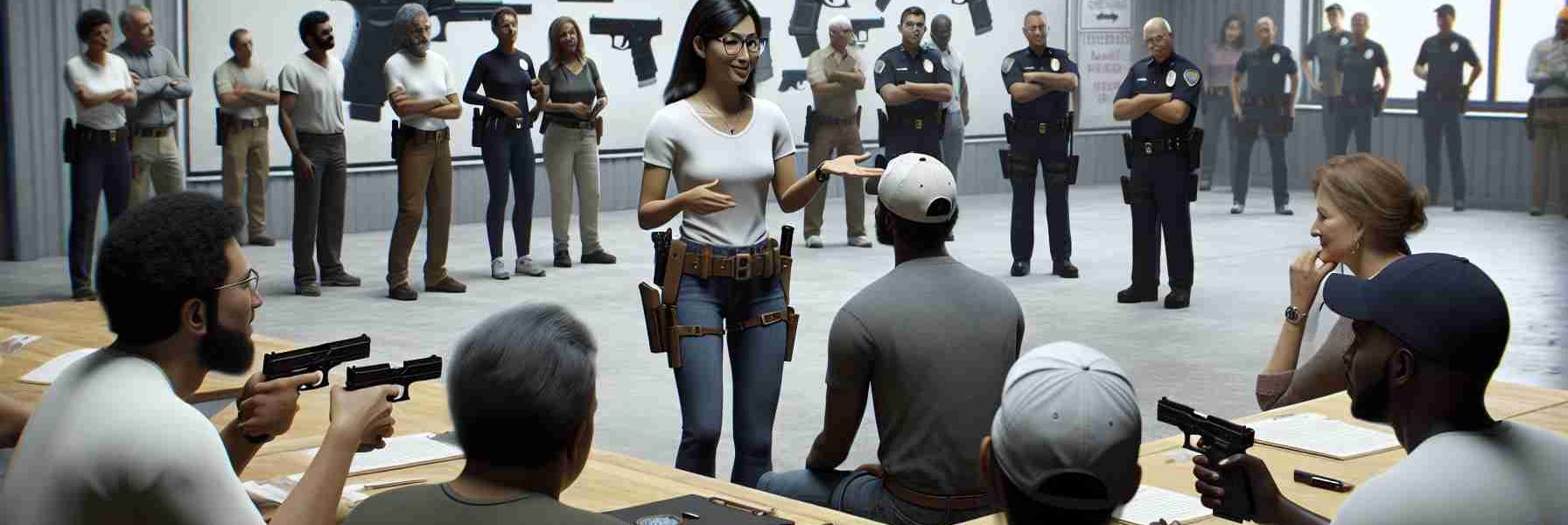 A realistic, high-definition image of a community License-to-Carry event in Glassport. The scene should depict a diverse range of participants involved in various event activities. Imagine a Black female event organizer in the center, explaining firearm regulations to a mixed group of South Asian and Hispanic attendees. To the left, a Middle-Eastern man and White woman can be seen practicing effective firearm handling techniques under the supervision of a Central Asian safety instructor. Ensure safety is emphasized in the image, with everyone following the rules strictly and responsibly.