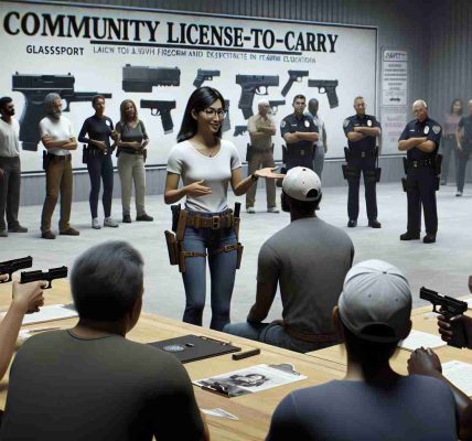 A realistic, high-definition image of a community License-to-Carry event in Glassport. The scene should depict a diverse range of participants involved in various event activities. Imagine a Black female event organizer in the center, explaining firearm regulations to a mixed group of South Asian and Hispanic attendees. To the left, a Middle-Eastern man and White woman can be seen practicing effective firearm handling techniques under the supervision of a Central Asian safety instructor. Ensure safety is emphasized in the image, with everyone following the rules strictly and responsibly.