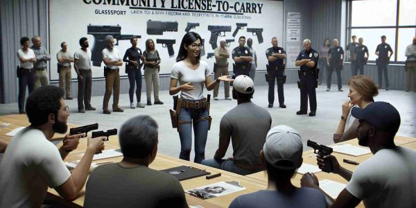 A realistic, high-definition image of a community License-to-Carry event in Glassport. The scene should depict a diverse range of participants involved in various event activities. Imagine a Black female event organizer in the center, explaining firearm regulations to a mixed group of South Asian and Hispanic attendees. To the left, a Middle-Eastern man and White woman can be seen practicing effective firearm handling techniques under the supervision of a Central Asian safety instructor. Ensure safety is emphasized in the image, with everyone following the rules strictly and responsibly.