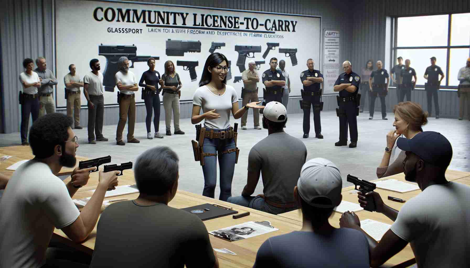 A realistic, high-definition image of a community License-to-Carry event in Glassport. The scene should depict a diverse range of participants involved in various event activities. Imagine a Black female event organizer in the center, explaining firearm regulations to a mixed group of South Asian and Hispanic attendees. To the left, a Middle-Eastern man and White woman can be seen practicing effective firearm handling techniques under the supervision of a Central Asian safety instructor. Ensure safety is emphasized in the image, with everyone following the rules strictly and responsibly.