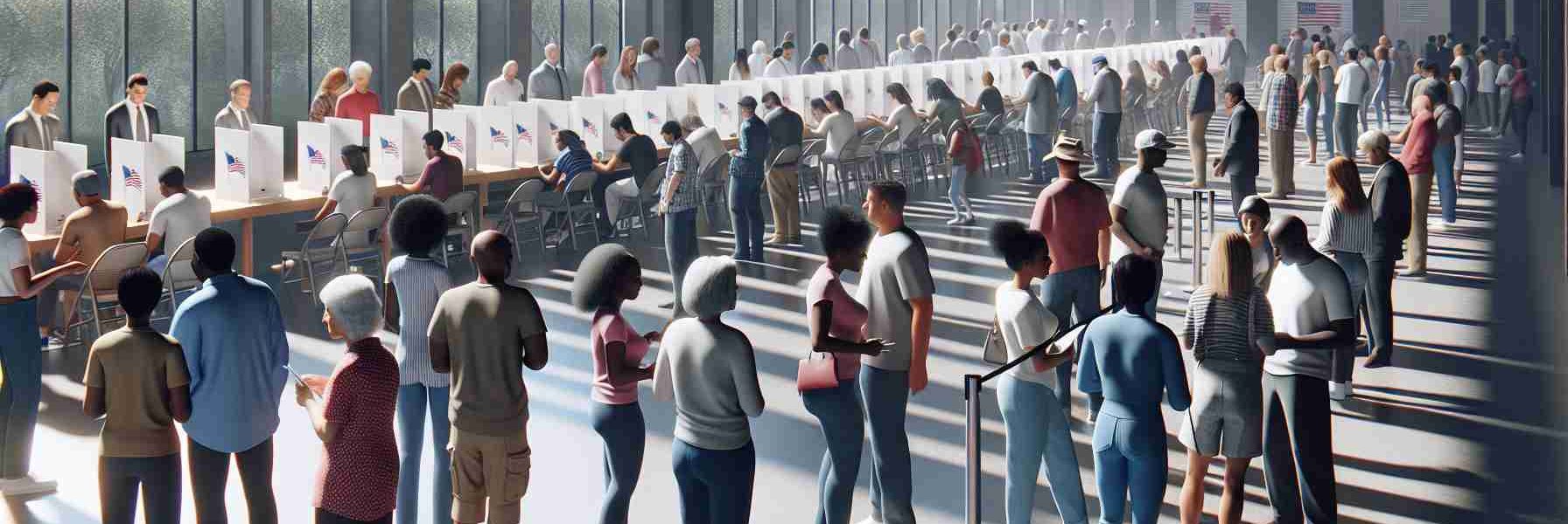 High-definition, realistic representation of a diverse group of people in line to vote early in a general setting. The scene is bustling with energy and anticipation as people of all genders and races, including Black, Caucasian, Hispanic, Middle-Eastern and South Asian, have turned out in large numbers. The ambiance is calm and orderly, indicating a smooth voting process. Some folks are engaged in conversation, while others are focused on the voting process. The polling station is set against a backdrop typical of Dallas County.