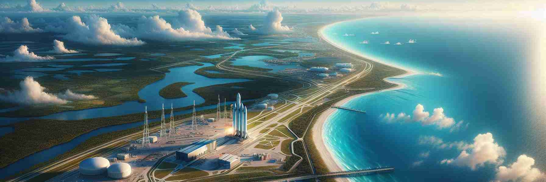 A high-definition, realistic photograph depicting the Space Coast area in Florida, anticipating remarkable progress in the number of rocket launches. The scene includes the vast coastline, azure sea, lush greenery, and spaceport infrastructure set under a clear blue sky, with launch pads prepared for future rocket missions. The overall ambiance should exude an air of anticipation for the upcoming growth in space exploration activities.