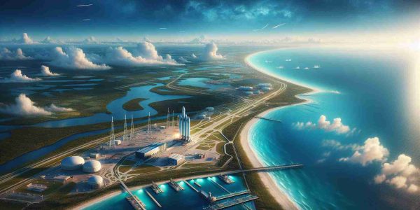 A high-definition, realistic photograph depicting the Space Coast area in Florida, anticipating remarkable progress in the number of rocket launches. The scene includes the vast coastline, azure sea, lush greenery, and spaceport infrastructure set under a clear blue sky, with launch pads prepared for future rocket missions. The overall ambiance should exude an air of anticipation for the upcoming growth in space exploration activities.