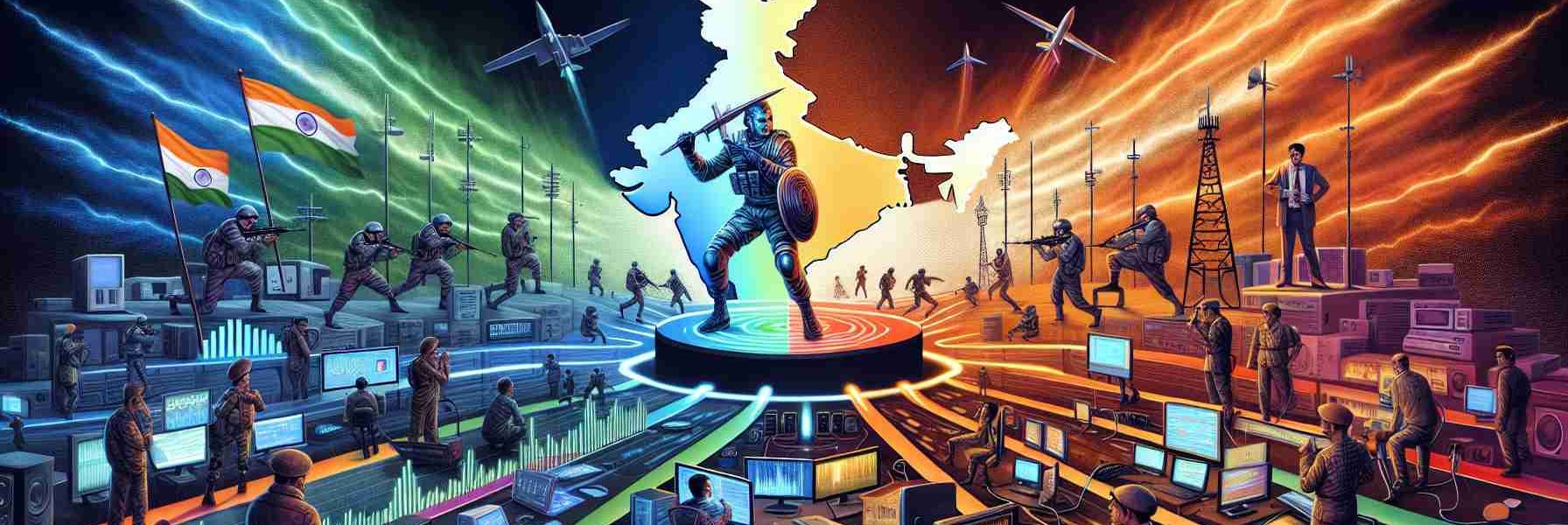 Visualize a realistic, high-definition representation of a conceptual scene titled 'Spectrum Wars Heat Up: India's Broadband Future at Stake'. Include elements such as an intense battle scene representing the 'spectrum wars', with changing colours signifying the 'spectrum'. Also depict symbolic representation of India's map, implying India's broadband future. Additional elements could be an array of high-tech devices, cables, routers, mobile phones and antennas, implying broadband. Create a sense of urgency and importance, to imply the 'at stake' part.