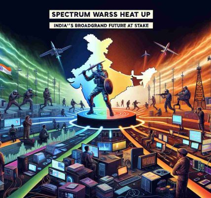 Visualize a realistic, high-definition representation of a conceptual scene titled 'Spectrum Wars Heat Up: India's Broadband Future at Stake'. Include elements such as an intense battle scene representing the 'spectrum wars', with changing colours signifying the 'spectrum'. Also depict symbolic representation of India's map, implying India's broadband future. Additional elements could be an array of high-tech devices, cables, routers, mobile phones and antennas, implying broadband. Create a sense of urgency and importance, to imply the 'at stake' part.