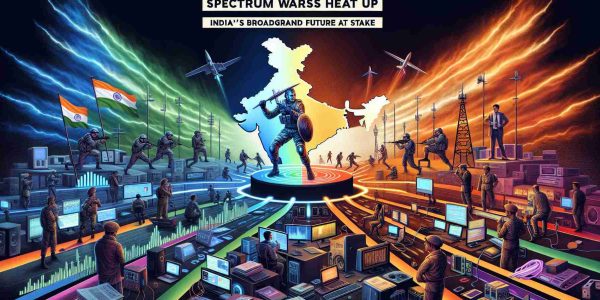 Visualize a realistic, high-definition representation of a conceptual scene titled 'Spectrum Wars Heat Up: India's Broadband Future at Stake'. Include elements such as an intense battle scene representing the 'spectrum wars', with changing colours signifying the 'spectrum'. Also depict symbolic representation of India's map, implying India's broadband future. Additional elements could be an array of high-tech devices, cables, routers, mobile phones and antennas, implying broadband. Create a sense of urgency and importance, to imply the 'at stake' part.