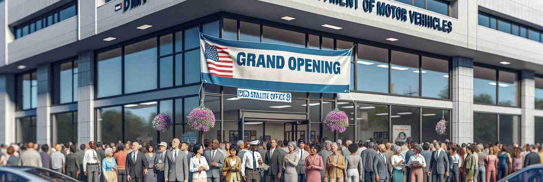 Realistic, high-definition image of the opening day of a new Department of Motor Vehicles (DMV) satellite office located in a small town. The building is modern and spacious with big glass windows. There's a banner with the text 'Grand Opening' stretched across the building's exterior. A diverse group of people including Caucasian and Black men and women, and a South Asian woman are entering the building, some looking excited and others seemingly in a rush. Employees, including a Hispanic woman and a Middle-Eastern man, are welcoming the visitors. The crowd signifies a variety of age groups from teens receiving their first licenses, to elderly renewing theirs.