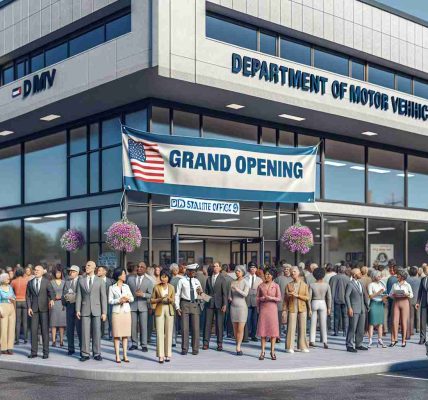 Realistic, high-definition image of the opening day of a new Department of Motor Vehicles (DMV) satellite office located in a small town. The building is modern and spacious with big glass windows. There's a banner with the text 'Grand Opening' stretched across the building's exterior. A diverse group of people including Caucasian and Black men and women, and a South Asian woman are entering the building, some looking excited and others seemingly in a rush. Employees, including a Hispanic woman and a Middle-Eastern man, are welcoming the visitors. The crowd signifies a variety of age groups from teens receiving their first licenses, to elderly renewing theirs.