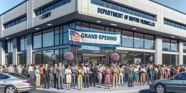 Realistic, high-definition image of the opening day of a new Department of Motor Vehicles (DMV) satellite office located in a small town. The building is modern and spacious with big glass windows. There's a banner with the text 'Grand Opening' stretched across the building's exterior. A diverse group of people including Caucasian and Black men and women, and a South Asian woman are entering the building, some looking excited and others seemingly in a rush. Employees, including a Hispanic woman and a Middle-Eastern man, are welcoming the visitors. The crowd signifies a variety of age groups from teens receiving their first licenses, to elderly renewing theirs.