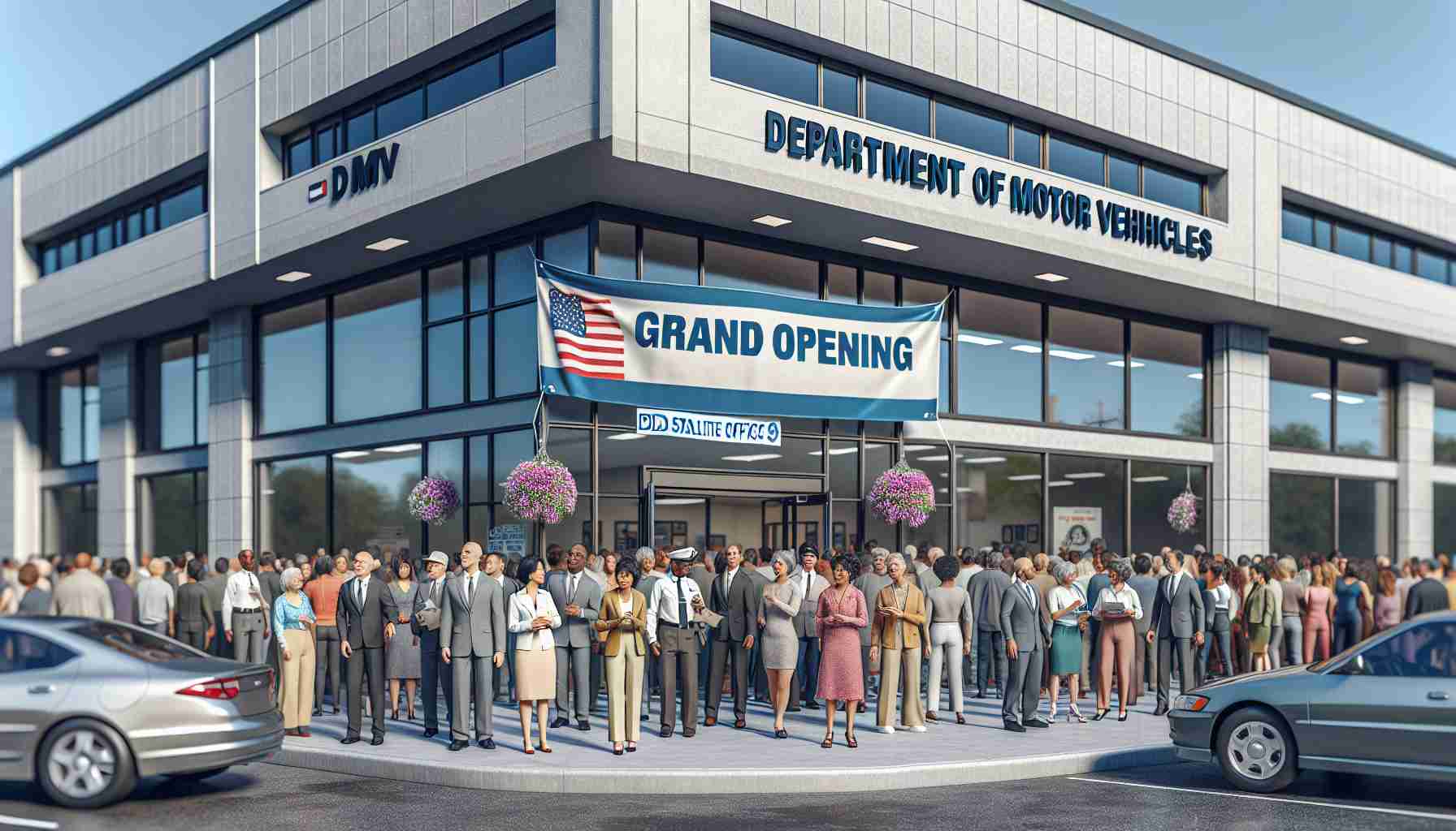 Realistic, high-definition image of the opening day of a new Department of Motor Vehicles (DMV) satellite office located in a small town. The building is modern and spacious with big glass windows. There's a banner with the text 'Grand Opening' stretched across the building's exterior. A diverse group of people including Caucasian and Black men and women, and a South Asian woman are entering the building, some looking excited and others seemingly in a rush. Employees, including a Hispanic woman and a Middle-Eastern man, are welcoming the visitors. The crowd signifies a variety of age groups from teens receiving their first licenses, to elderly renewing theirs.