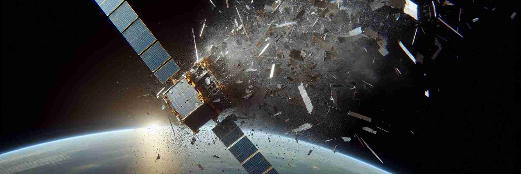 A high-definition, realistic image of a satellite fragmenting in outer space. The pieces are breaking apart, scattering in all directions, and becoming space debris. The image should exhibit a sense of concern, with the scattering pieces symbolizing a growing problem. The Earth is visible in the background, highlighting the proximity of the debris to our planet.