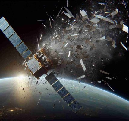 A high-definition, realistic image of a satellite fragmenting in outer space. The pieces are breaking apart, scattering in all directions, and becoming space debris. The image should exhibit a sense of concern, with the scattering pieces symbolizing a growing problem. The Earth is visible in the background, highlighting the proximity of the debris to our planet.