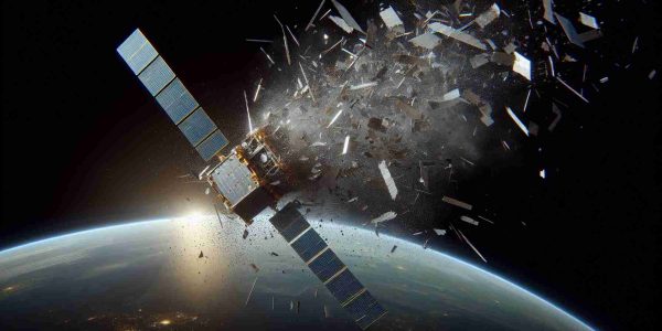 A high-definition, realistic image of a satellite fragmenting in outer space. The pieces are breaking apart, scattering in all directions, and becoming space debris. The image should exhibit a sense of concern, with the scattering pieces symbolizing a growing problem. The Earth is visible in the background, highlighting the proximity of the debris to our planet.