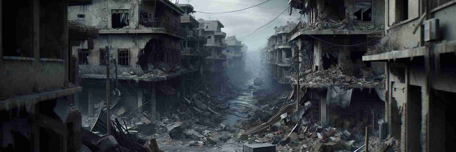 Realistic high-definition image showcasing the aftermath of a siege in a community. The scene captures damaged structures and debris scattered on the streets, indicating the high level of destruction that has taken place. The solemnity of the place is accentuated by the grey, overcast sky blanketing the scene. The image also reveals traces of the enduring spirit of the community through signs of resilience and hope among the ruin.