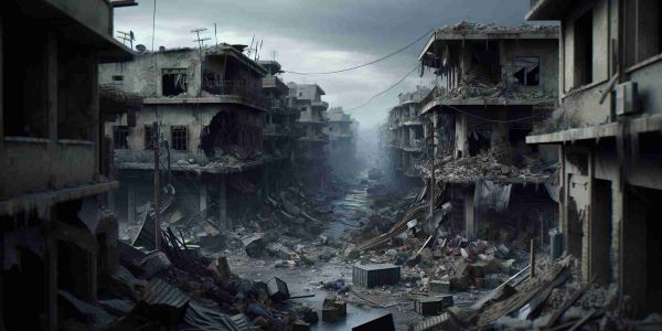 Realistic high-definition image showcasing the aftermath of a siege in a community. The scene captures damaged structures and debris scattered on the streets, indicating the high level of destruction that has taken place. The solemnity of the place is accentuated by the grey, overcast sky blanketing the scene. The image also reveals traces of the enduring spirit of the community through signs of resilience and hope among the ruin.