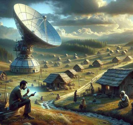 Generate a high-definition, realistic image showcasing the revolution of communication in remote areas through satellite messaging. Visualize a remote, rustic landscape with sparsely distributed, traditional houses. Suddenly, indicators of advanced technology, like a large, gleaming satellite dish and people using handheld communication devices, pierce the tranquility. Possibly, include a scene where a Caucasian woman and a Hispanic man are engrossed in conversation, looking at a handheld device, illustrating the new means of communication. The view should represent the juxtaposition between the old, secluded world, and the new technology-driven era.